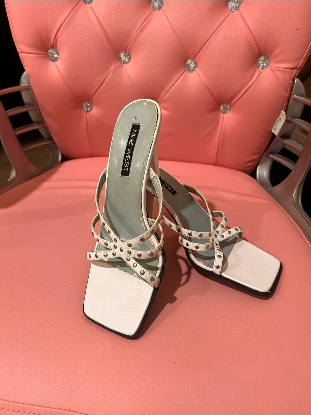 Nine West White Studded Strappy Square-Toe Heels - Open Back